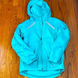 LL Bean hooded fleece lined kids turquoise/aqua rain jacket. Size S (8).